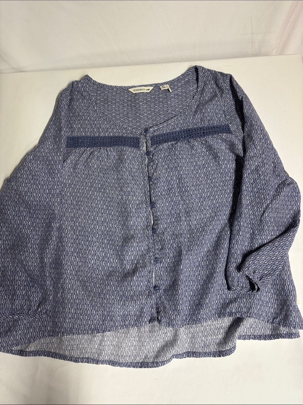 Toad&Co Women’s XL Blue Print Crochet Trim Button Front Tunic Top